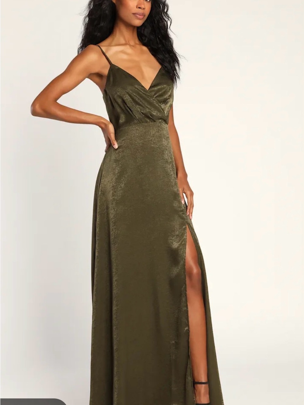 Olive Satin Slip Maxi Dress with High Side Slit
